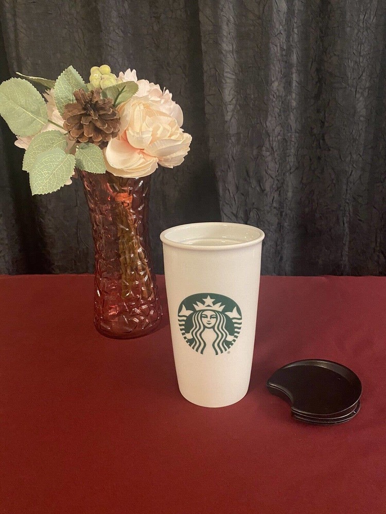 Starbucks 2016 Siren Mermaid White/Green Ceramic Travel Tumbler W/ Lid 12oz EUC
